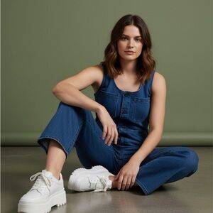 Frayed Denim Jumpsuit XL Women Sleeveless Button Front Blue Jean Boho Festival